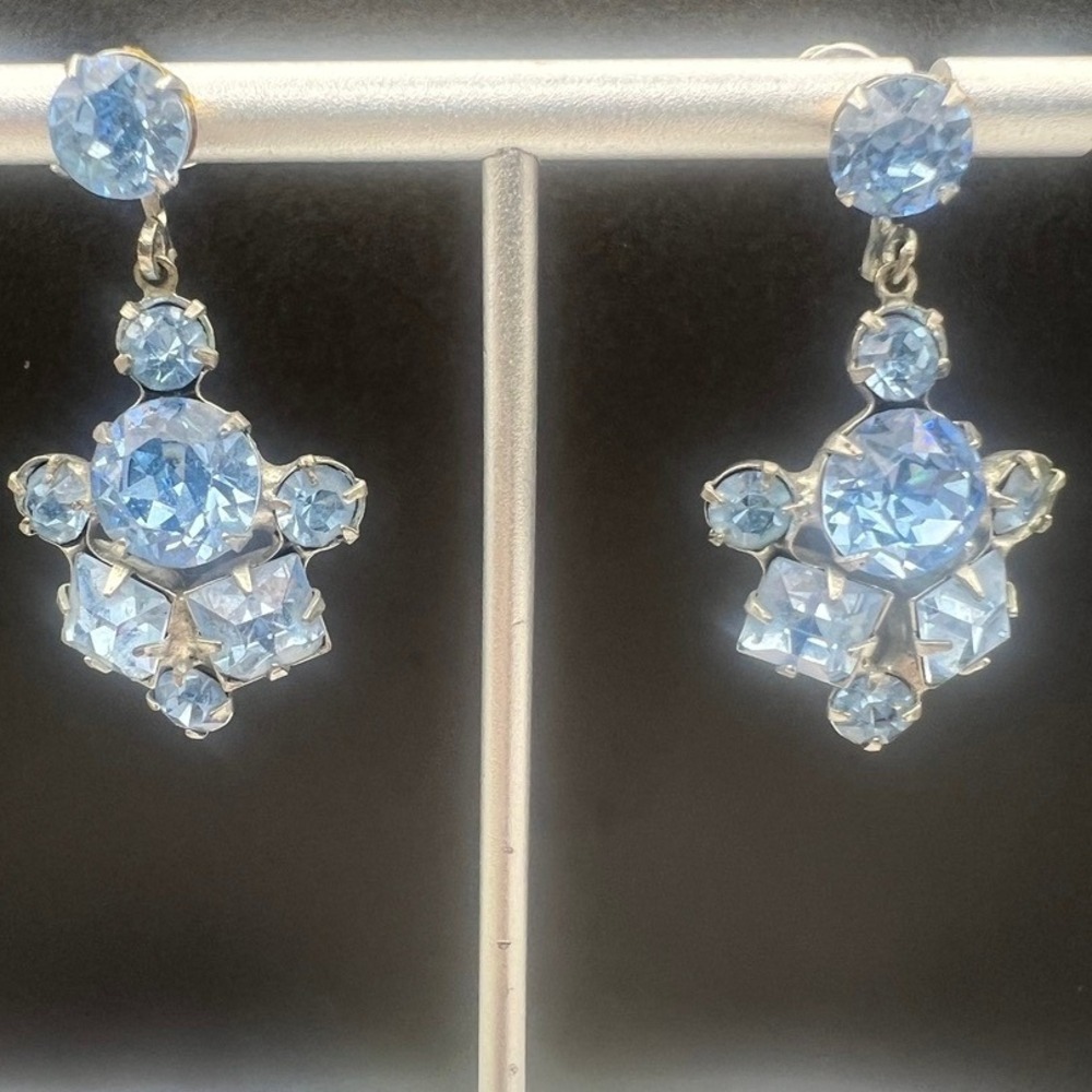 Vintage Blue Rhinestone Stud Earrings Cluster Drop Dangle Silver Tone 1.5"